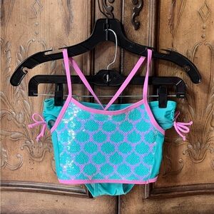 Cat & Jack Aqua and Pink Kids two piece Bikini sequins swimsuit set Girl 10/12 L